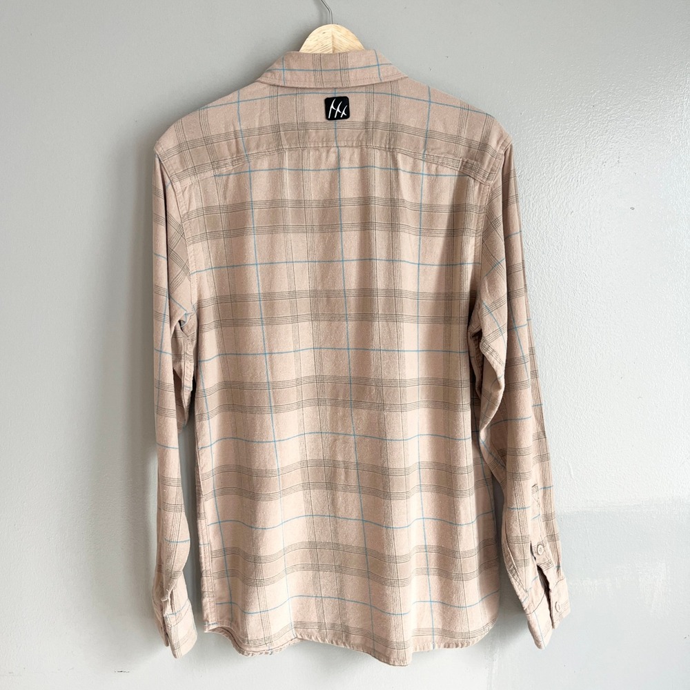 Fintech Mens Long Sleeve Plaid Flannel Button Down Shirt Tan Blue Size M - Picture 2 of 9